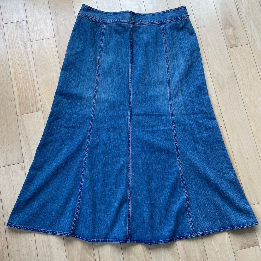 VTG Liz Claiborne Cottagecore Denim Paneled Maxi Skirt Western Prairie Cotton - Picture 8 of 10